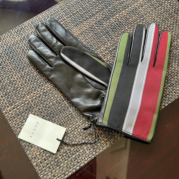 Gucci Men’s Vintage Striped Leather Gloves NWT | Cashmere-Lined | Italian Luxury - Picture 3 of 8